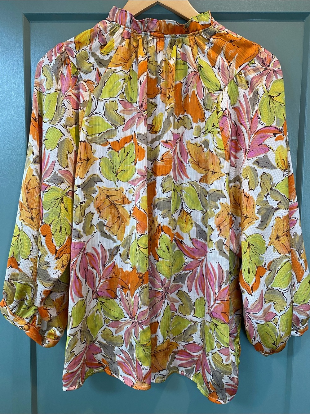Vince Camuto Tie-Neck Floral Blouse in Orange, Pink & Green - Picture 6 of 7
